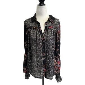 She + Sky Floral Black Button Up Blouse Size L